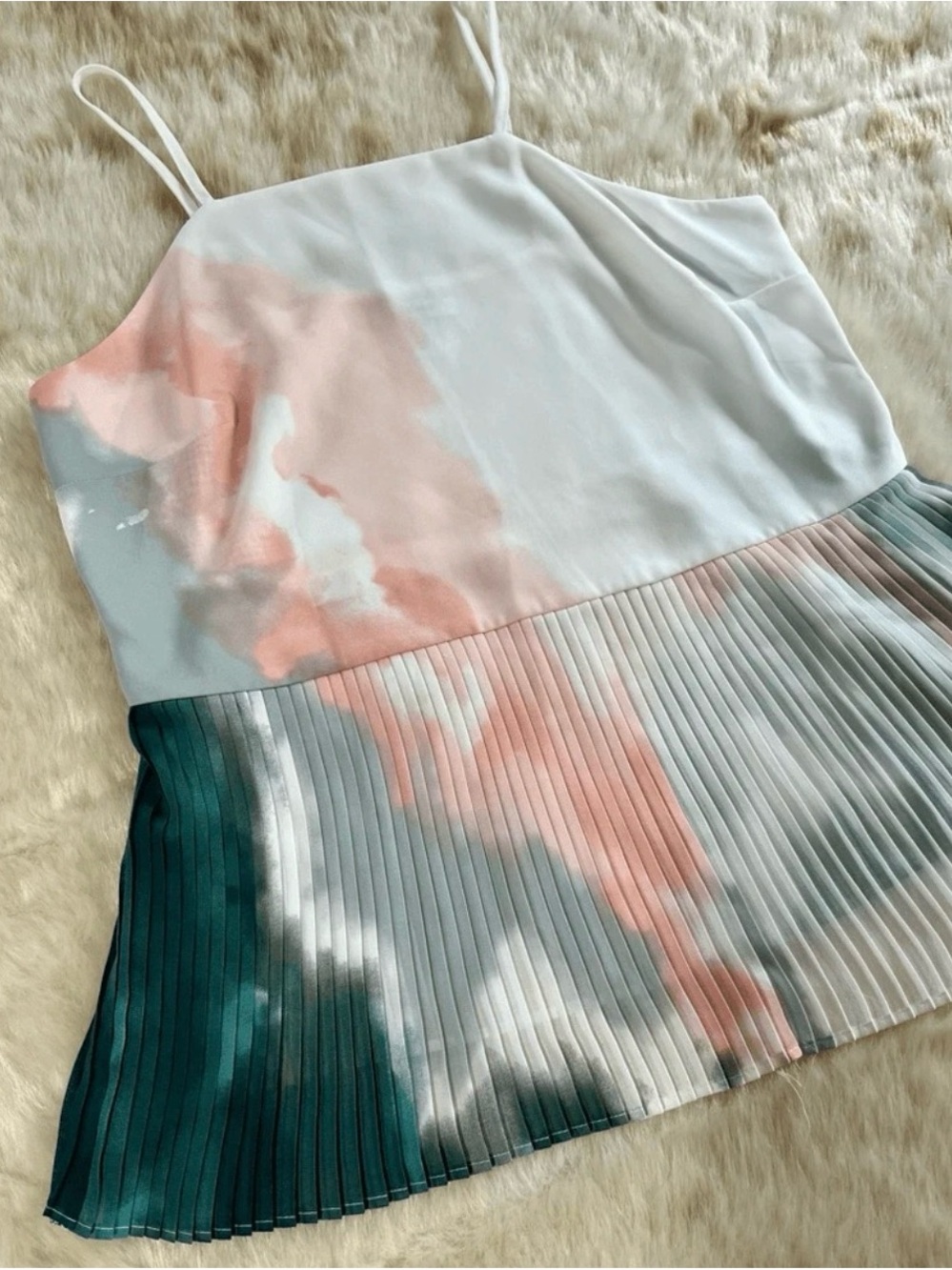 Nine West Pleated Watercolor Spaghetti-Strap Cami in Teal, Pink & White